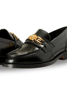 Versace Men's Black Leather Gold Medusa Logo Loafers Shoes US 9 IT 42
